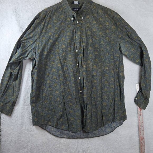 Nautica Men's Filigree Floral Long Sleeve Button-down Shirt Blue Yellow XL - Picture 1 of 6